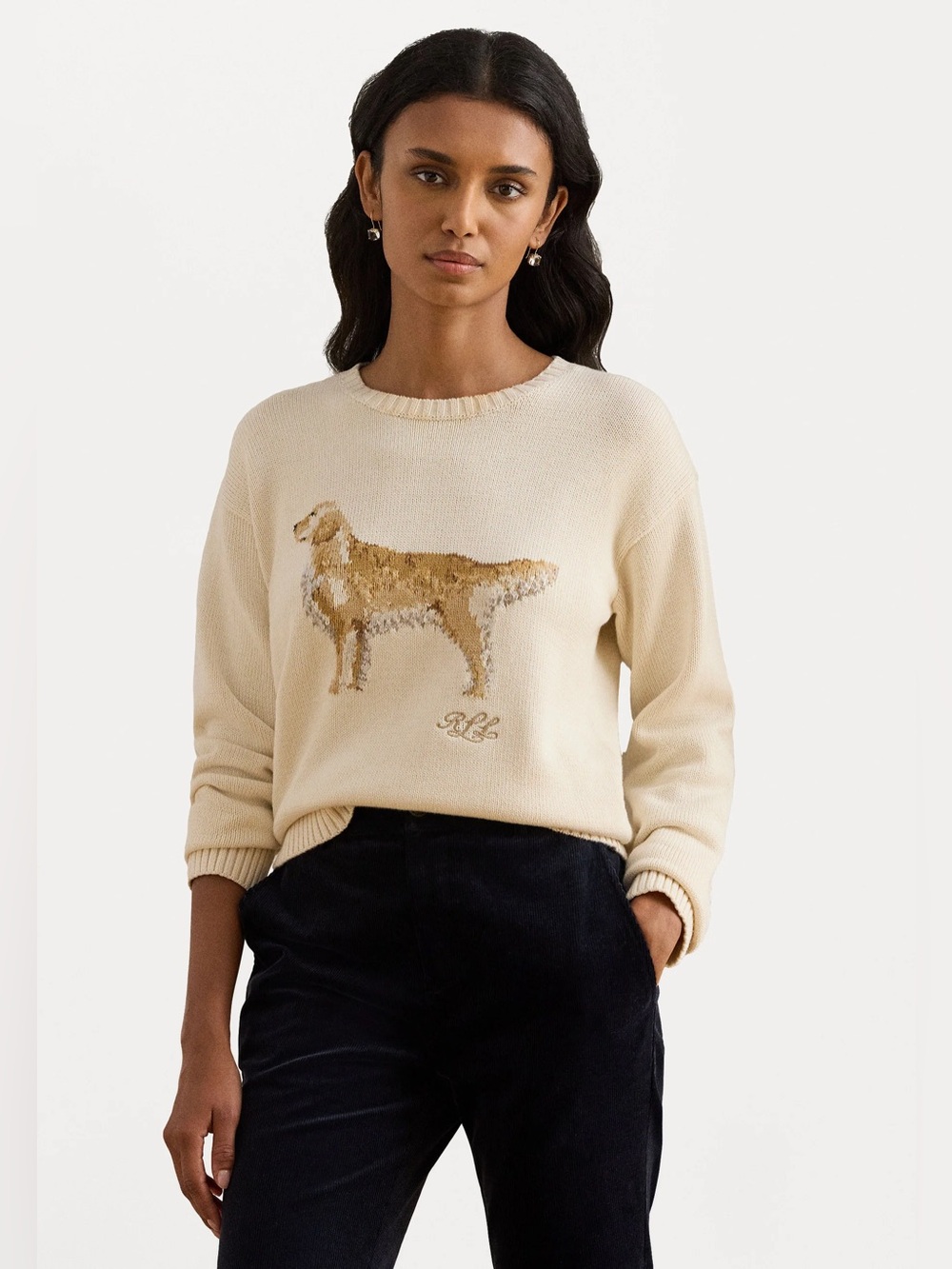 new Lauren ralph lauren intarsia knit golden retriever crew cotton cream sweater
